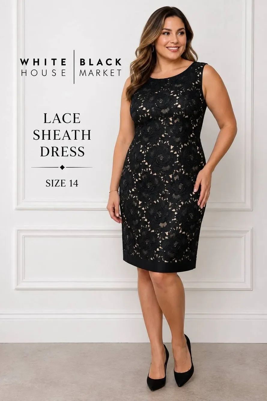 White House Black Market Black Floral Lace Sheath Dress Sleeveless Size 14